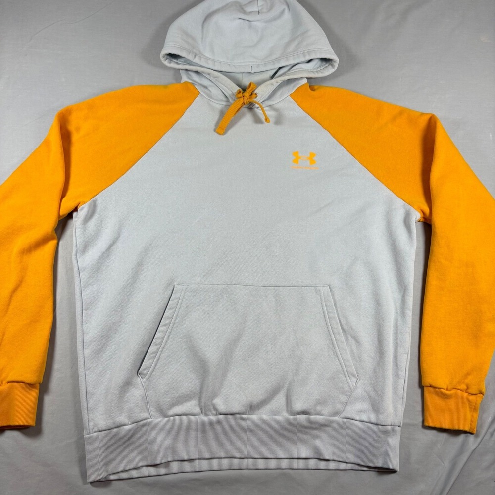 Under Armour Rival Fleece Hoodie Men Large Gray Orange Raglan 1366357 Sweatshirt